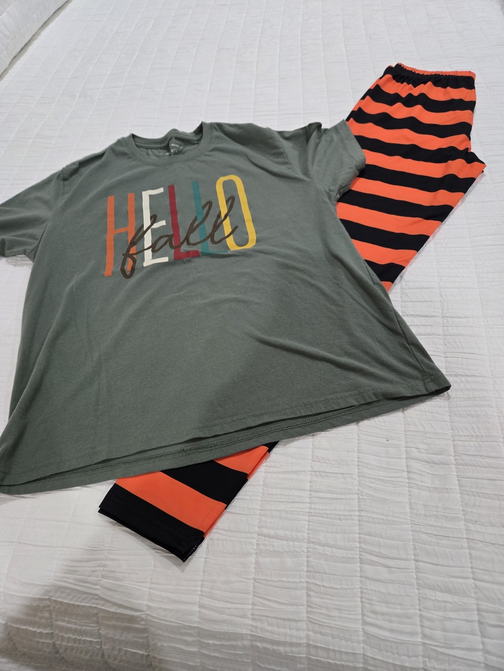 Ladies- Olive Green Top & Orange Black Striped Leggins